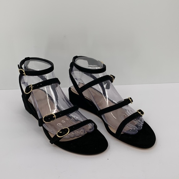 Stuart Weitzman Grecian buckle wedge strappy sandal shoe black suede 38.5 8 - Picture 2 of 6